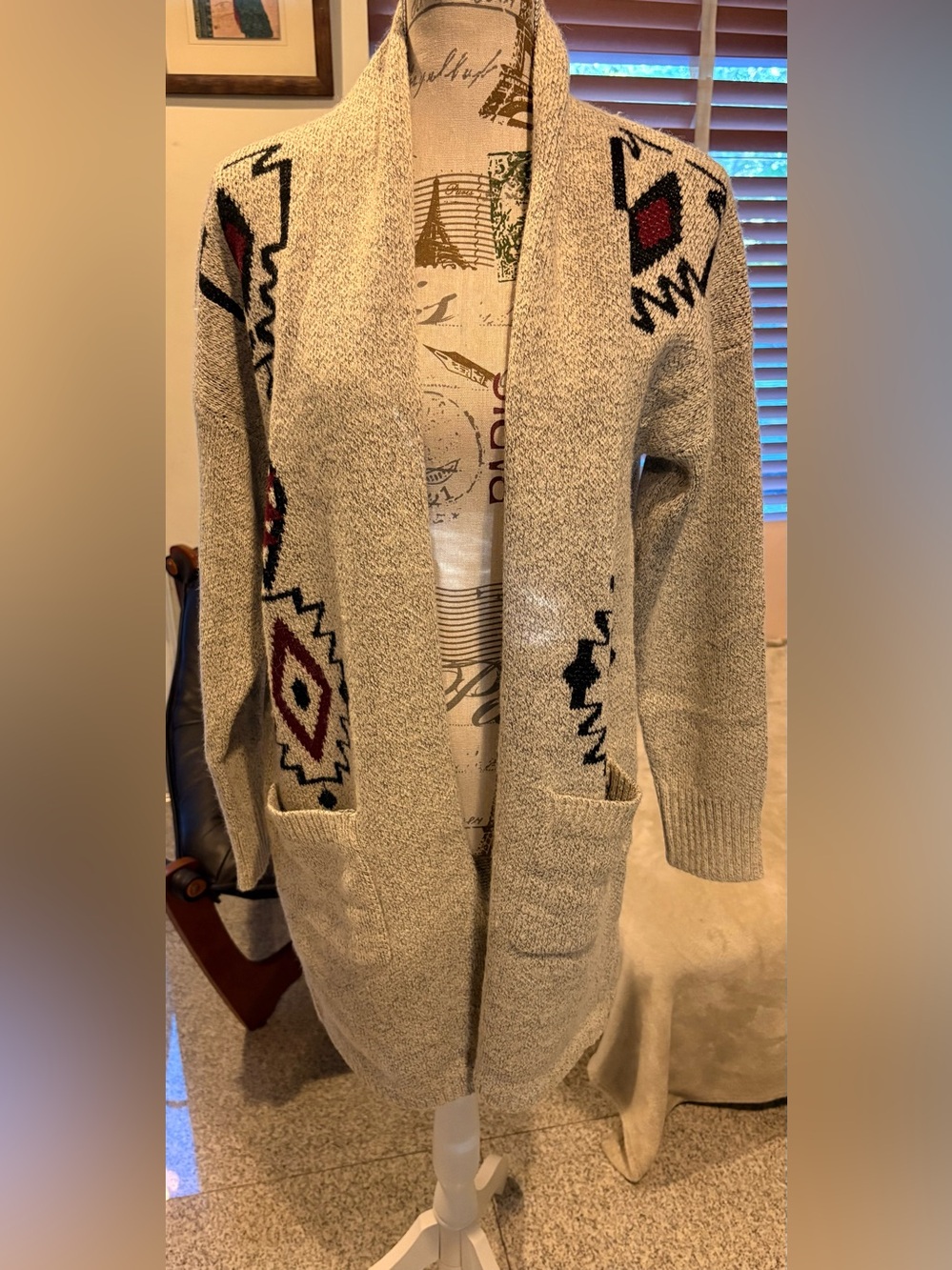 debut Cream Open-Front Aztec Knit Cardigan with Black & Burgundy Accents